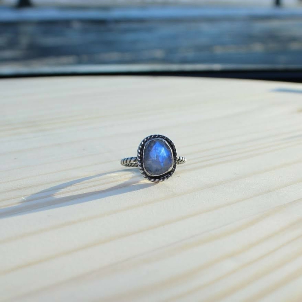 .925 Sterling Silver, Evileye, faceted, Rainbow Moonstone,  Boho-inspired, ring